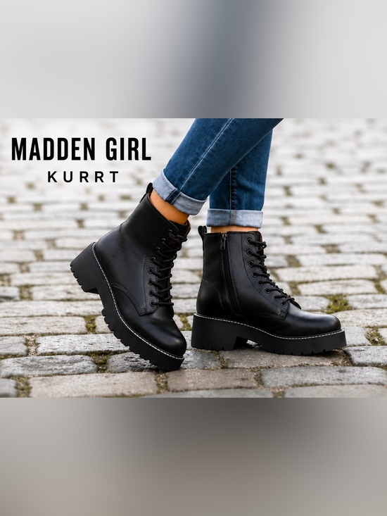 Madden Girl Shoes - STEVE MADDEN “Madden Girl Kurrt” Black Lace-Up, Side Zip, Lug Sole Combat Boots